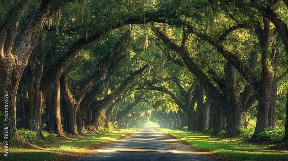 Naklejka premium Scenic country road through lush green oak tree tunnel day path park calm trees woods drive image