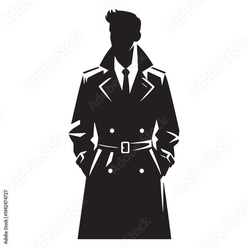 Double-breasted Trench Coat silhouette, refined and sleek – Trench Coat illustration – Minimalist Trench Coat vector – Men's dress silhouette

