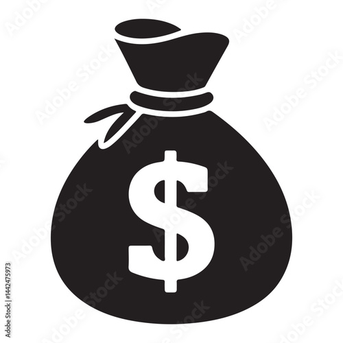 Minimalistic black and white money bag icon with dollar sign symbol representing finance, wealth, and savings concept.