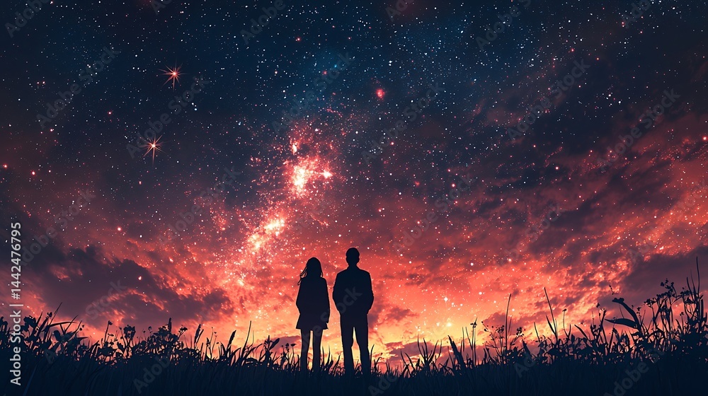 Fototapeta premium Heartwarming cinematic shot of a couple gazing at stars in the night sky while enjoying each other