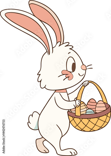 A cute cartoon baby bunny character with a smile sits happily in an Easter basket with an egg and carrot, a fun animal illustration