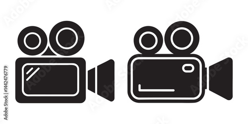 Minimalistic black and white video camera icons in solid and outlined style representing film and media production.
