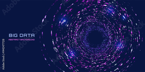 Radial technology background of dot in circular lines. Abstract tunnel of particles. Big data concept for computing, transmission and network.