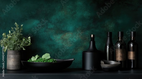 Dark Teal Kitchen Still Life with Green Peas