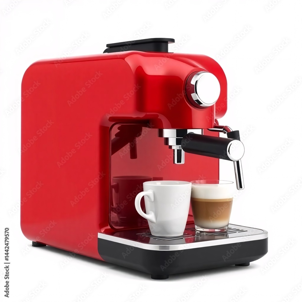 Red espresso machine with a white cup and a glass of latte macchiato Red espresso machine with a white cup and a glass of latte macchiato