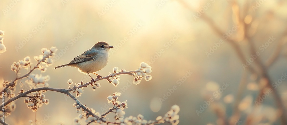 Small bird perched on a blossoming branch at sunrise.
