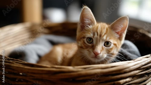 Adorable ginger kitten frolics in a snug basket, radiating warmth and joy.