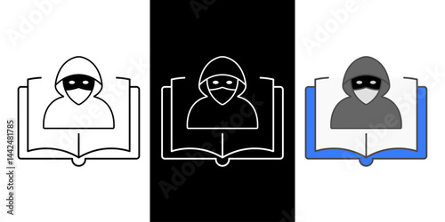 Suspicious figure and book icon symbolizing crime fiction, thriller narratives, and mystery reading themes, in outline, color, and dark mode versions.
