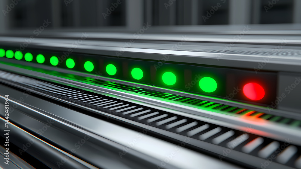 Close-up of server lights in a data center, showing green and one red indicator on metallic equipment. Close-up of server lights in a data center, showing green and one red indicator on metallic equipment.