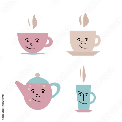 set of cups and teapot with funny faces n pink and mint tones on white background,Hand Drawn Vector illustration