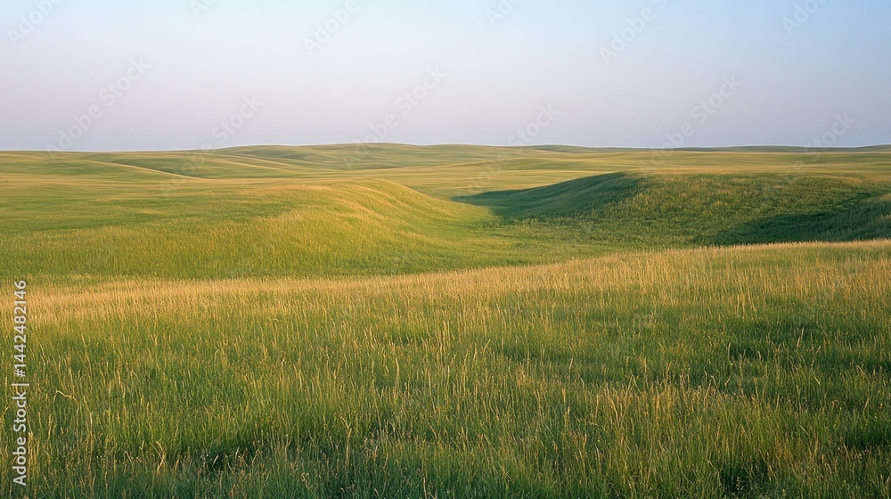 Vast expanse of rolling hills and tall grasses under a bright sky Vast expanse of rolling hills and tall grasses under a bright sky