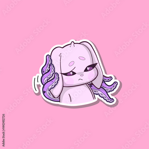 A surreal sticker. Pink bunny with octopus tentacles, wearing a skeptical or confused expression. The character stands against a neutral background, blending cute and bizarre elements