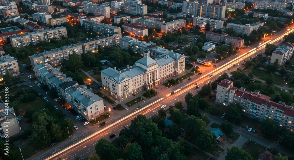 Fototapeta premium Aerial View of City at Night with Long Exposure Car Lights