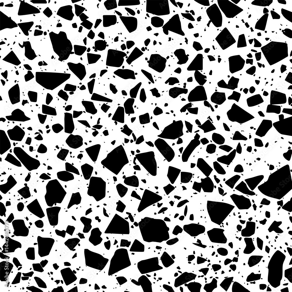 Tiny black stone-like specks cover a white surface, creating a high-density fragmented terrazzo texture