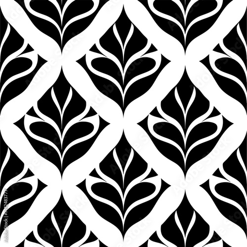 Graceful black leaf shapes forming a repeating geometric pattern over a clean white background