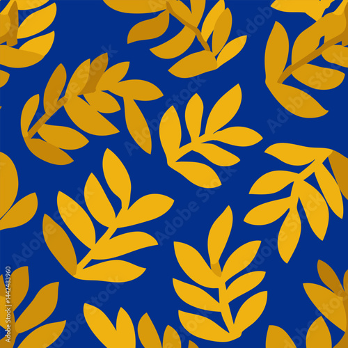 Flat yellow foliage with clean edges scattered across deep blue, creating a minimalist leafy layout