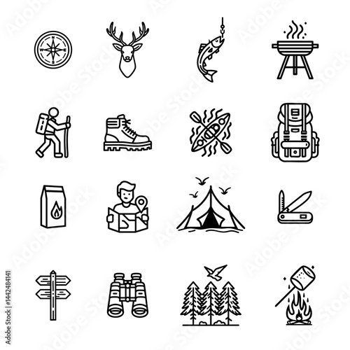 Set of outlined icons related to camping, hiking, and outdoor activity arranged evenly on white