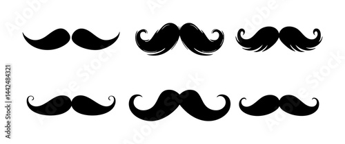 Set of six mustache silhouettes featuring different styles, from curly and bushy to thin and classic