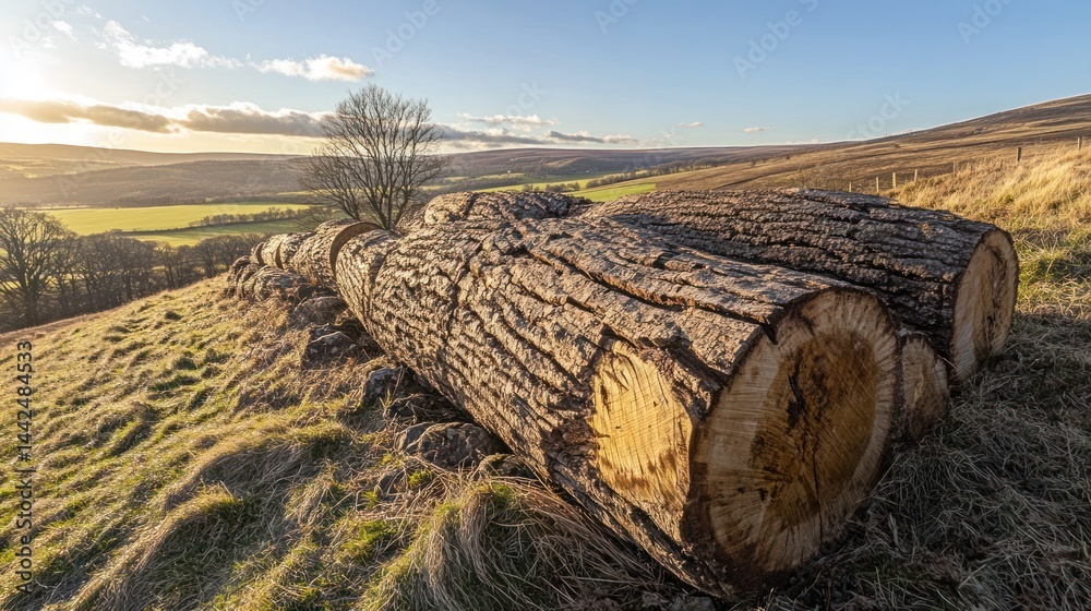 Fallen logs on a grassy hilltop at sunset overlooking a valley.