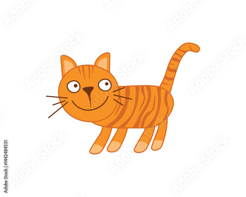 Cartoon cat. A child s drawing of a red cat. Striped ginger cat in cartoon style. The vector illustration is isolated on a white background.