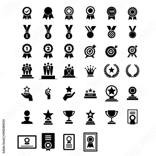 Collection of achievement icons including medals, podiums, trophies, certificates, and stars