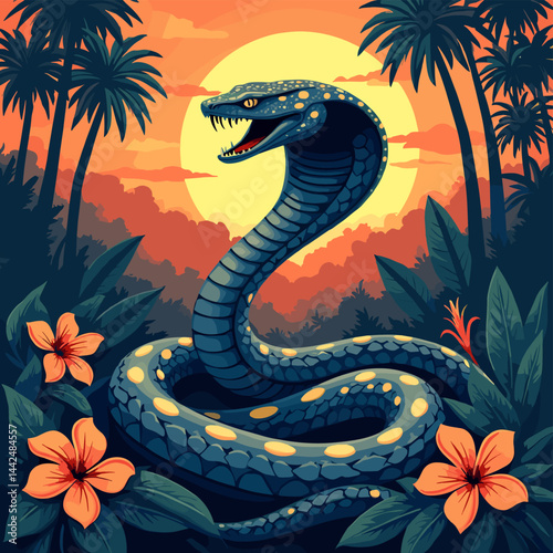 Snake in Jungle with Sunset Background