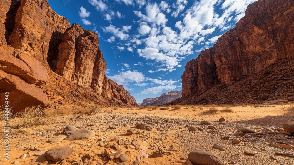Fototapeta premium Dramatic canyon landscape displays towering rock formations with open sky