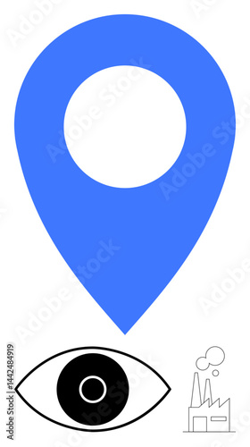 Blue pin marker above a black eye and factory outline. Ideal for themes thumbs up location tracking, surveillance, environmental monitoring, industrial management, safety audits, corporate solutions