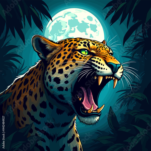 Roaring Leopard Under Moonlight