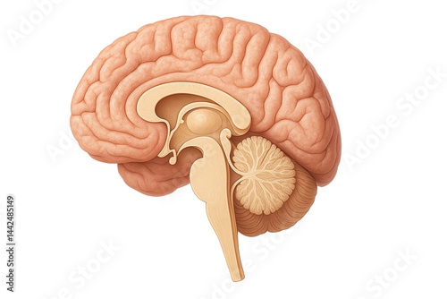 Sagittal section illustration of human brain showing detailed anatomy, including cerebrum and cerebellum