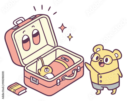 Cute Bear Packing Suitcase with Toys and Book in Kawaii Travel Doodle