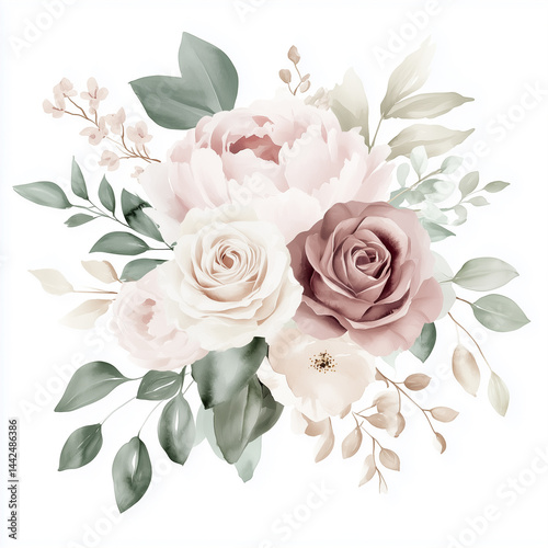 Bouquet of Pink and White Roses, Watercolor Floral Illustration with Green Leaves