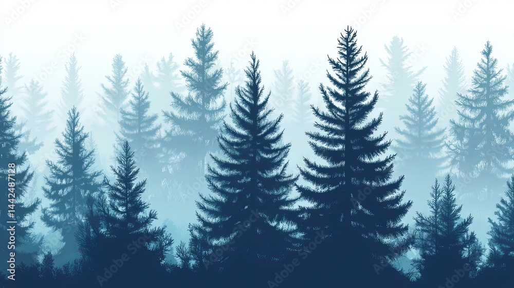 Fototapeta premium Serene blue misty forest landscape with tall evergreen trees fog sky art pine calm cold view woods