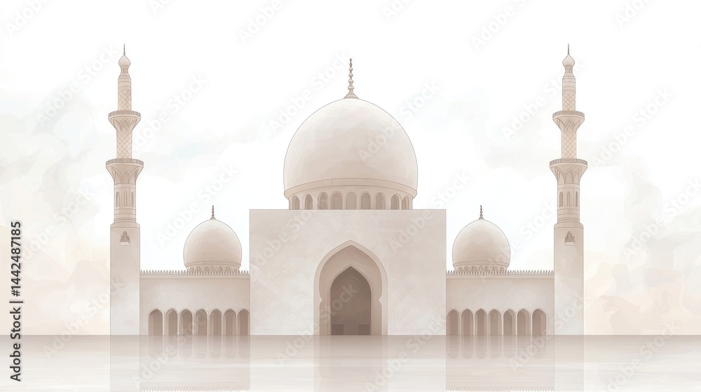 Obraz premium Minimalist illustration of a white mosque with a large central dome and two minarets against a soft beige background.