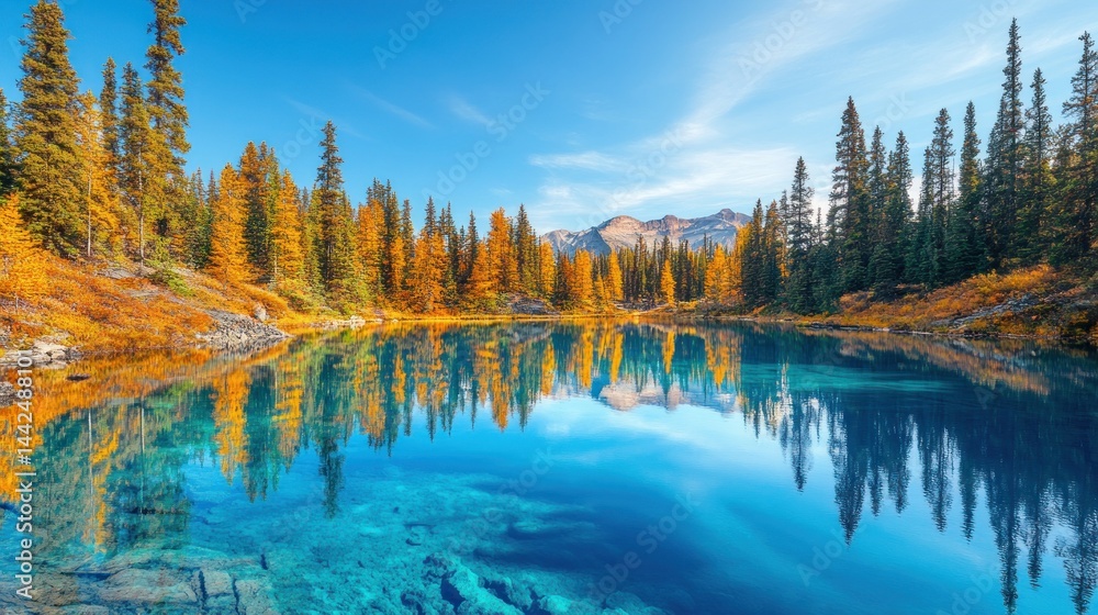 Serene autumnal alpine lake reflecting vibrant fall foliage. Crystal clear water mirrors surrounding pines and mountains under a brilliant sky.