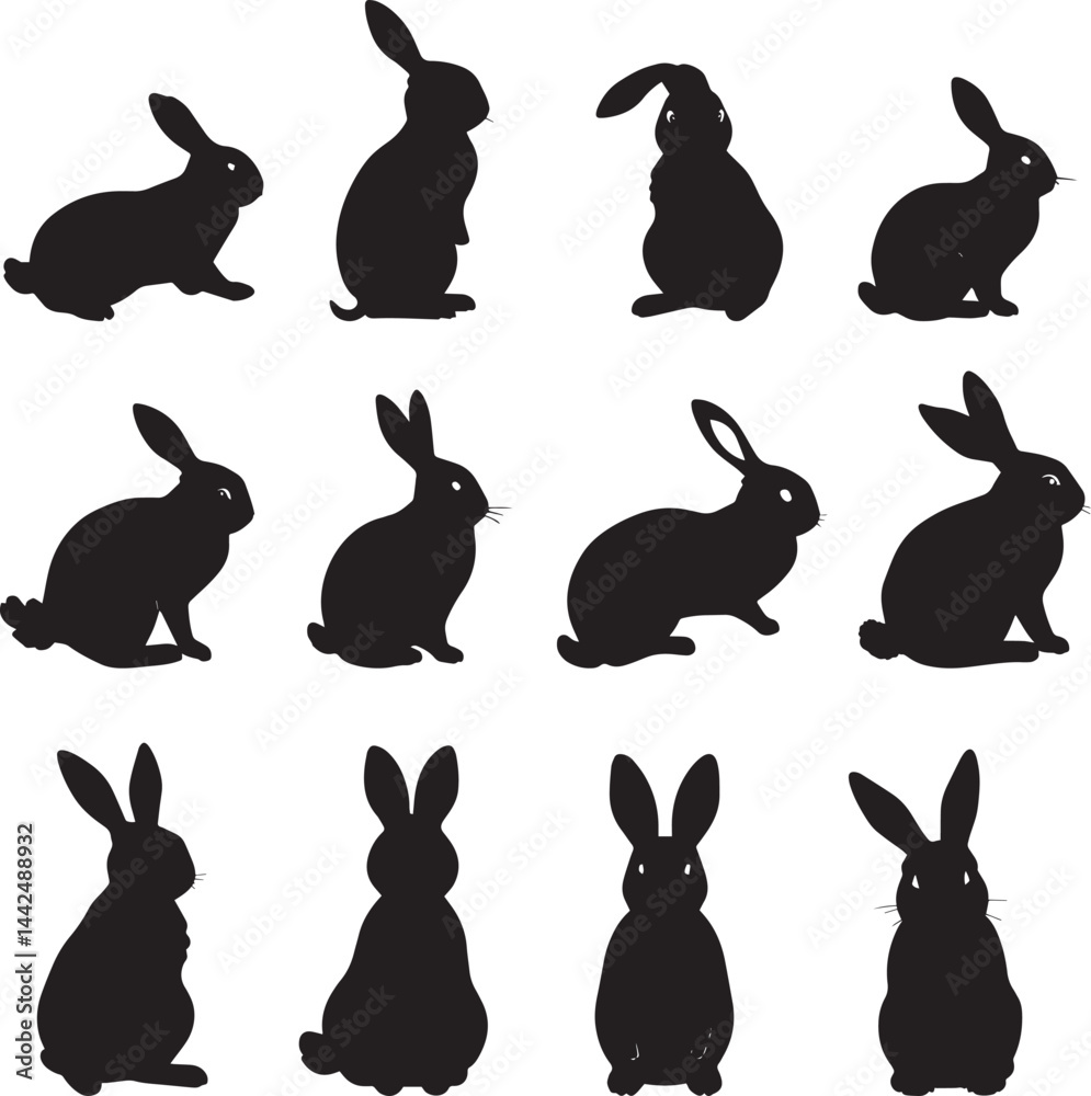 Fototapeta premium Rabbit Silhouettes Collection – Black and White Minimalist Bunny Poses and Vector Animal Outline Designs