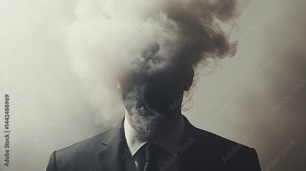 A businessman engulfed in a large cloud of smoke, obscuring his face and representing stress, anxiety, or uncertainty.