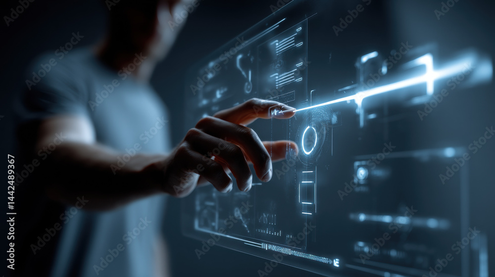 Fototapeta premium A high-quality image featuring man using futuristic touchscreen medical interface, ideal for creative, commercial, or editorial purposes.