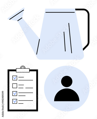 Watering can, checklist with marked tasks, and user icon suggest planning, goal-setting, growth, and personal development. Ideal for productivity, organization, business self-improvement teamwork