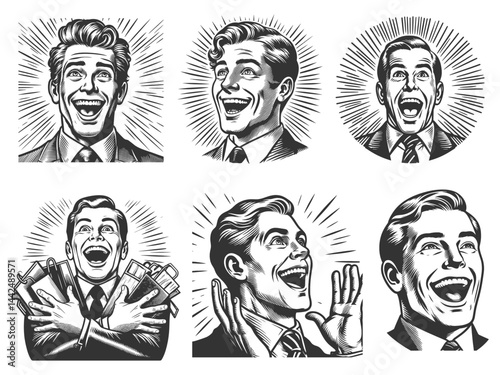 joyful men in suits with radiant expressions and exaggerated excitement Set collection bundle sketch engraving generative ai vector illustration. Scratch board imitation. Black and white image.