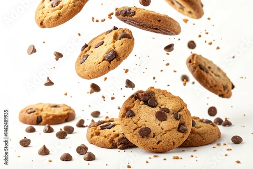 chocolate chip cookies falling isolated on white background