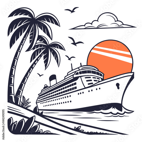 Retro Cruise Ship at Vintage Sunset – Contour Vector Art for Classic T-Shirt Design on White