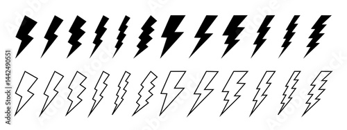Set of bolt icons. Thunderbolt signs isolated on white background. Flash light, energy, electricity or battery charge symbols. Cartoon power, shock or dazzle pictograms. Vector graphic illustration.