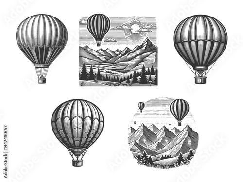 hot air balloon floating above scenic mountain ranges, forests Set collection bundle sketch engraving generative ai vector illustration. Scratch board imitation. Black and white image.