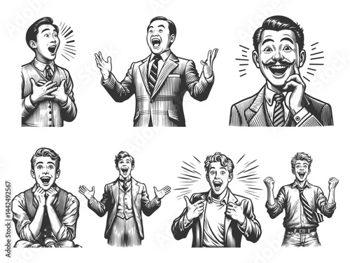 men in suits and casual wear showing cheerful and surprised expressions Set collection bundle sketch engraving generative ai vector illustration. Scratch board imitation. Black and white image.