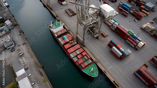 Drone footage capturing the dynamic activity of a busy container ship terminal.