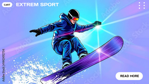 Dynamic vector illustration of a snowboarder gliding swiftly through the snow in vibrant winter gear. The artwork captures high-speed action. Perfect for web banner, modern digital and print projects.