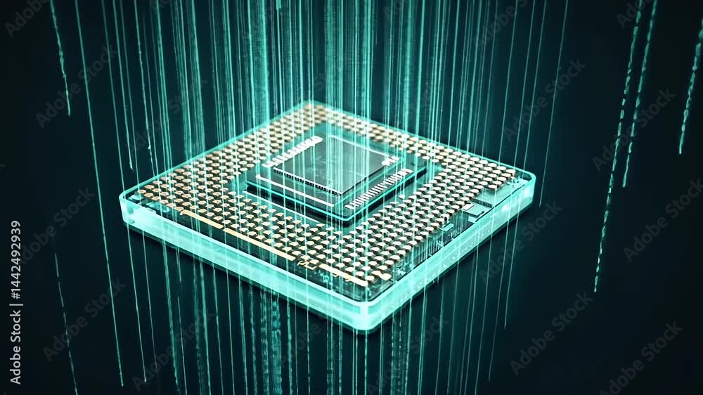Futuristic microprocessor surrounded by glowing binary code, symbolizing technology and innovation