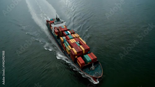 Drone footage of a cargo vessel sailing through vast ocean waters.