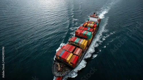 Drone footage capturing a container ship navigating the vast ocean on its shipping route.